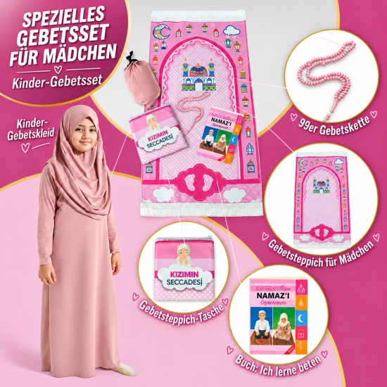 Rosa Kinder Gebetsset 5-teilig mit Motivteppich Kleid und Gebetskette