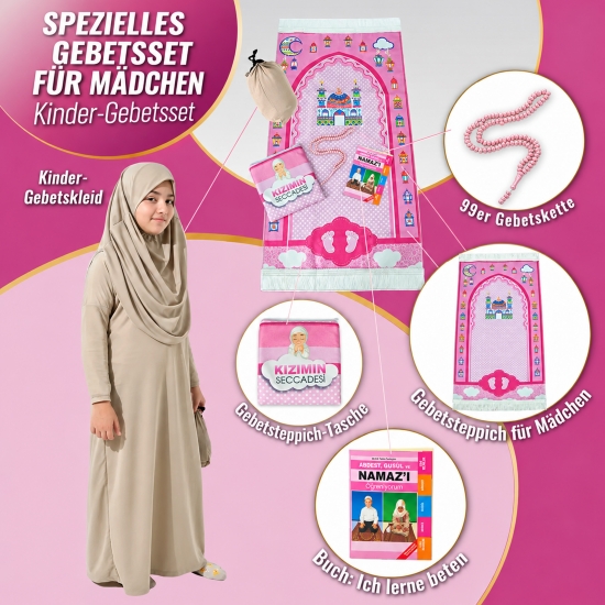 Kinder Gebetsset Rosa Beige 5-teilig mit Motivteppich Kleid und Gebetskette