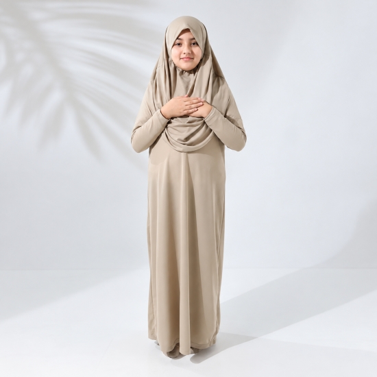 Preview: Kinder Gebetsset Rosa Beige 5-teilig mit Motivteppich Kleid und Gebetskette