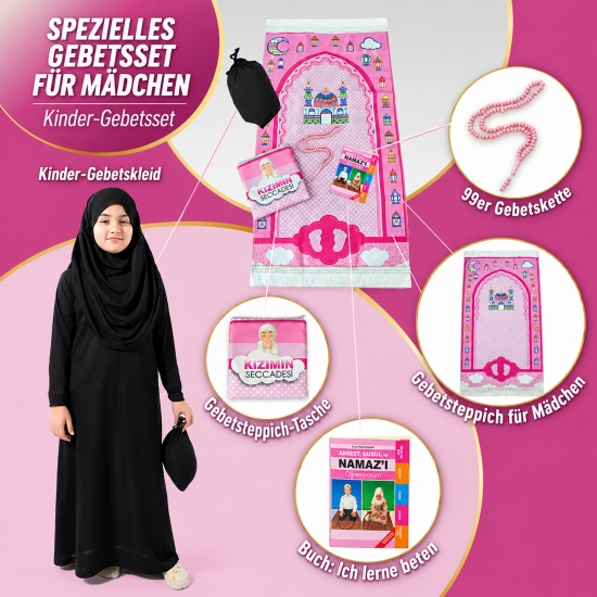 Kinder Gebetsset Rosa Schwarz 5-teilig mit Motivteppich Kleid und Gebetskette