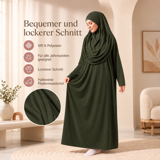 Dunkelgrüne Gebetsbekleidung mit Fledermausärmeln und Beutel