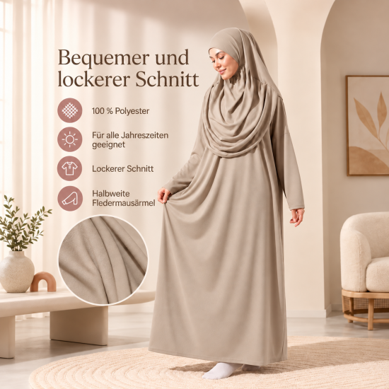 Beige Gebetsbekleidung mit Fledermausärmeln und passendem Stoffbeutel