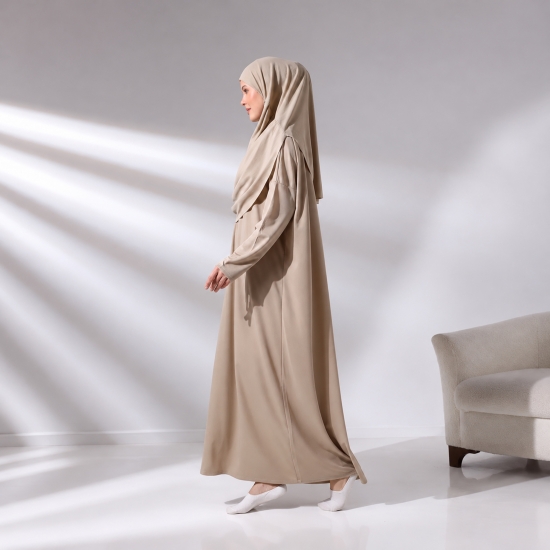 Beige Gebetsbekleidung mit Fledermausärmeln und passendem Stoffbeutel