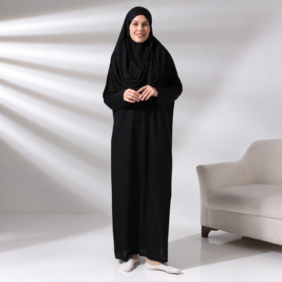Preview: Schwarze Gebetsbekleidung für Damen mit weiten Ärmeln und Tasche