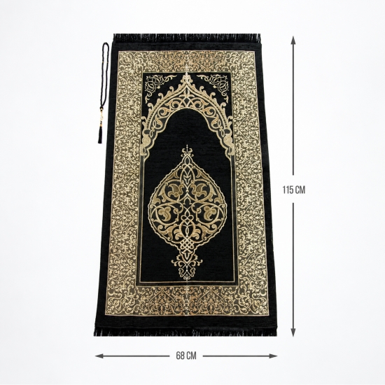 Preview: Damen Gebetsset Schwarz mit Ornament-Teppich, Gebetskleid und Tasche