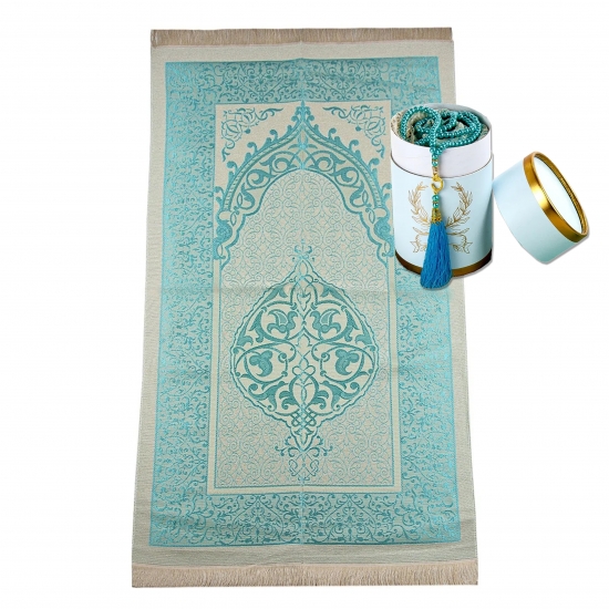 Gebetsteppich Taftstoff Türkis mit Geschenkbox und 99er Gebetskette – edles Set 65 x 110 cm