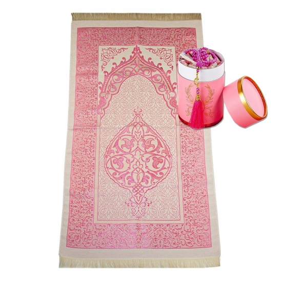 Gebetsteppich Taftstoff Rosa mit Geschenkbox und 99er Gebetskette – klassisches Set 65 x 110 cm