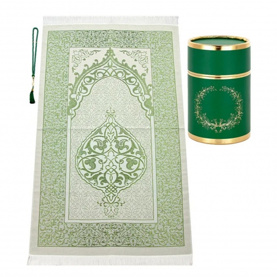 Gebetsteppich aus Taftstoff mit Tesbih und Geschenkbox hochwertig grün 65 x 110 cm