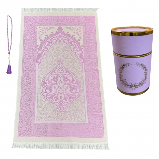 Gebetsteppich aus Taftstoff mit Tesbih und Geschenkbox hochwertig lila 65 x 110 cm