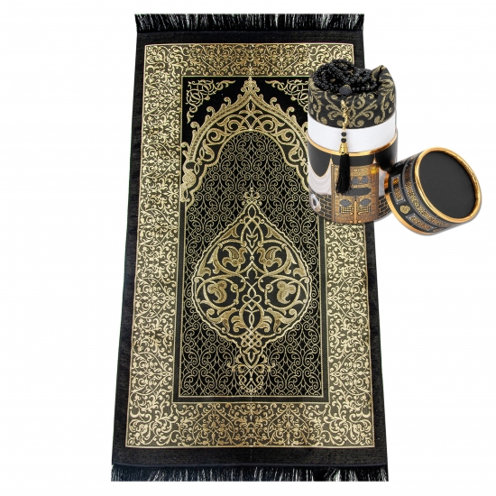 Gebetsteppich Taftstoff Schwarz-Gold mit Geschenkbox und 99er Gebetskette – Premium-Set 65 x 110 cm