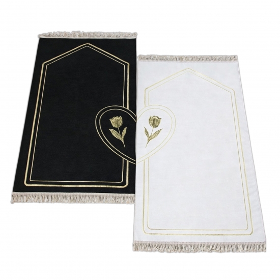Gebetsteppich-Set für Partner – weich, stilvoll mit Tulpenmuster in Schwarz und Weiß