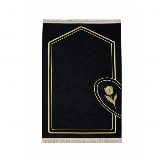 Preview: Gebetsteppich-Set für Partner – weich, stilvoll mit Tulpenmuster in Schwarz und Weiß