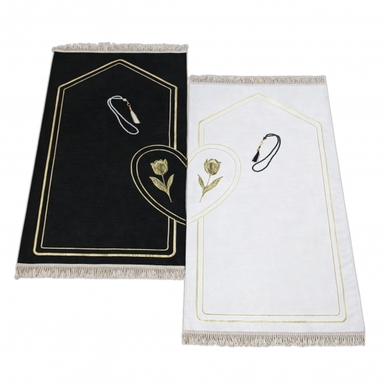 Preview: Gebetsteppich-Set für Partner – weich, stilvoll mit Tulpenmuster in Schwarz und Weiß
