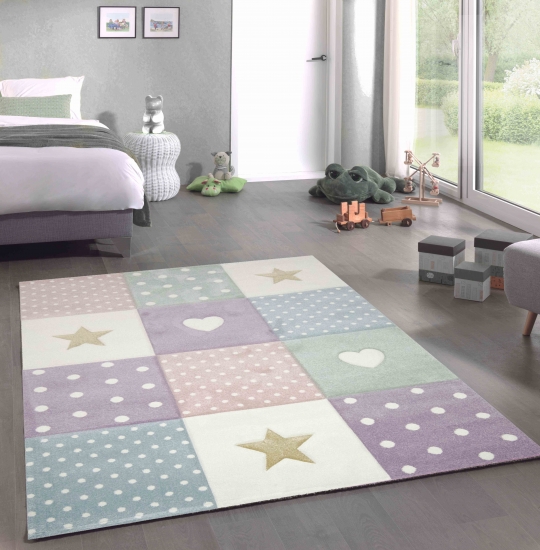 Kinderteppich Kinderzimmer Spiel Teppich Punkte Herz Stern Design creme rosa blau