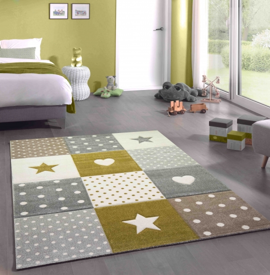 Kinderteppich Kinderzimmer Spiel Teppich Punkte Herz Stern Design creme weiß gold