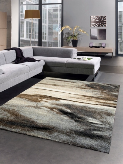 Designer Teppich Wohnzimmerteppich Kurzflor Teppich Natur Optik braun grau