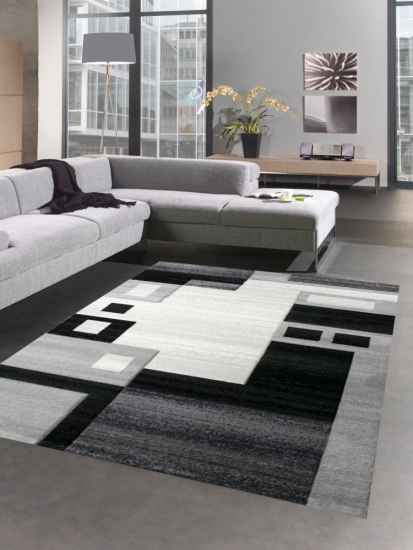Moderner Teppich Kurzflor Wohnzimmerteppich Konturenschnitt karo abstrakt grau schwarz weiss