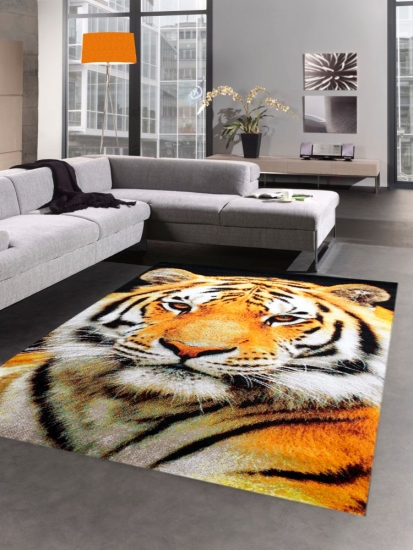 Designer Teppich Kurzflortteppich Tiger Motiv orange creme schwarz