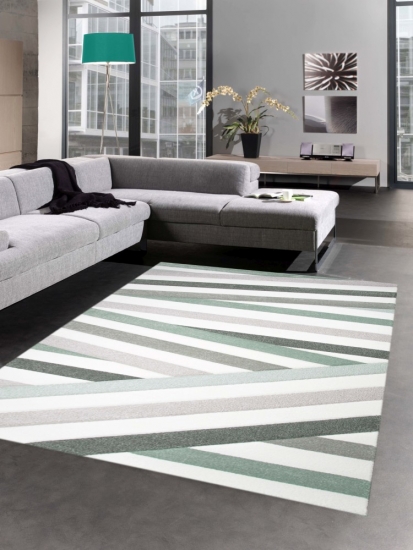 Moderner Teppich Kurzflor Wohnzimmerteppich Konturrenschnitt Streifen pastell grün braun creme