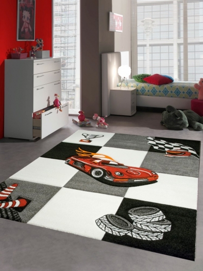 Kinderteppich Spielteppich Jungen Kinderzimmerteppich Auto Rennwagen rot schwarz