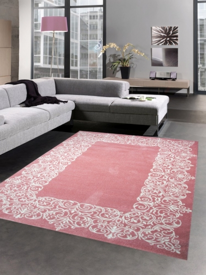 Designer Teppich Wohnzimmerteppich Kurzflor Teppich Ornamente pastell rosa creme