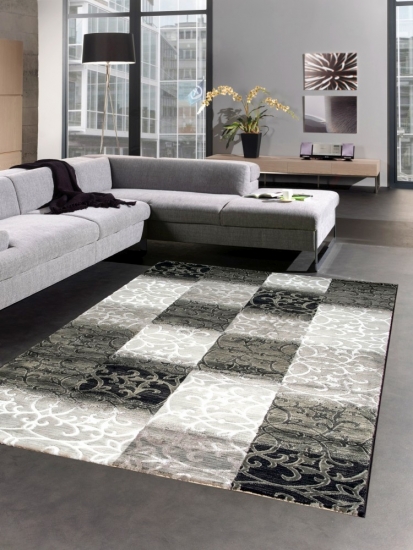 Designer Teppich Wohnzimmerteppich Ornamente Ranken Karo creme grau schwarz