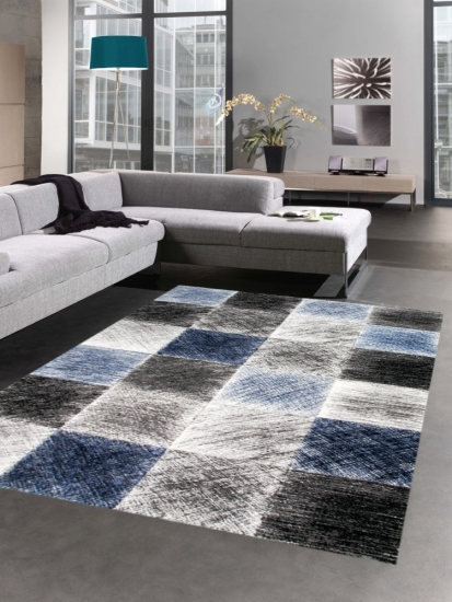 Teppich modern Wohnzimmerteppich karo blau grau schwarz