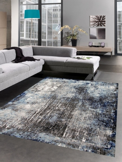 Teppich modern Wohnzimmerteppich Vintage blau grau schwarz