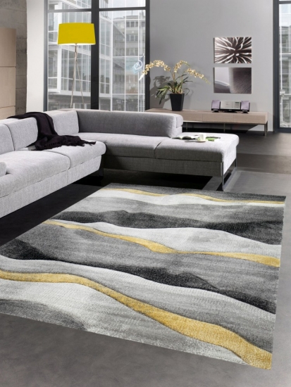 Teppich modern Teppich Wohnzimmer Wellen grau gelb gold