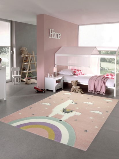 Teppich Kinderzimmer Mädchen Kinderteppich Lama Einhorn rosa