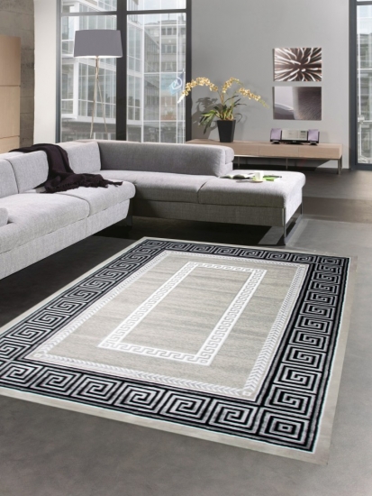Designer Teppich Wohnzimmerteppich Mäander Muster grau schwarz