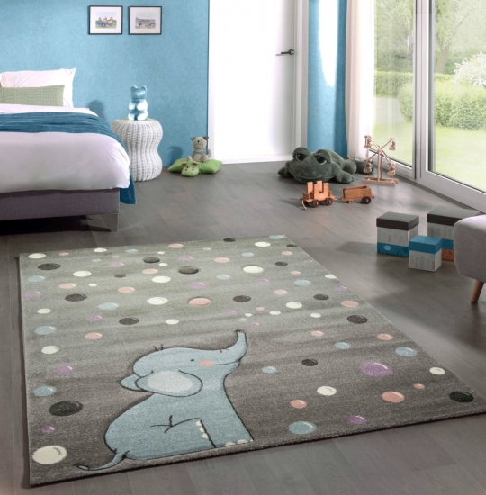 Teppich Kinderzimmer Elefant Punkte grau blau