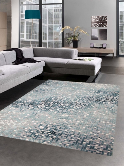 Teppich modern Wohnzimmer Teppich Mosaik grau türkis