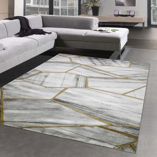 Teppich modern Wohnzimmerteppich geometrisches Muster grau gold