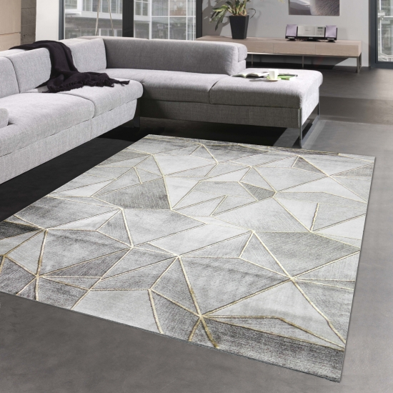 Teppich Wohnzimmer Designerteppich geometrisches Muster grau gold
