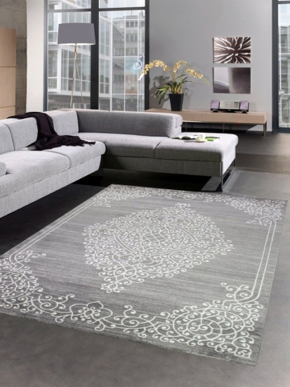 Teppich Wohnzimmerteppich Ornamente Design mit Glitzer grau