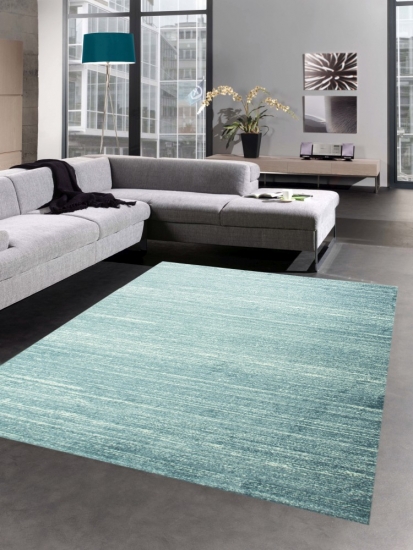 Moderner Teppich Wohnzimmerteppich Kurzflor uni blau meliert