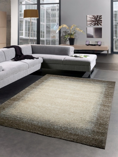 Designer Teppich Wohnzimmerteppich Kurzflor Teppich mit Bordüre braun beige creme