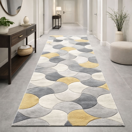 Preview: Designer Teppichläufer grau gelb creme mit Konturstruktur