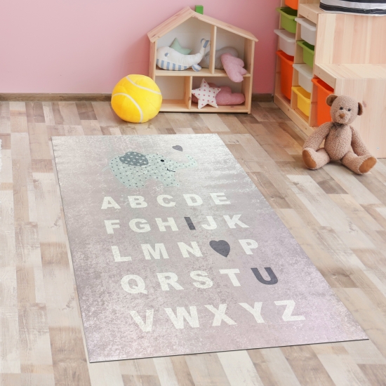 Preview: Kinderteppich ABC Alphabet Spielteppich mit Elefant rosa
