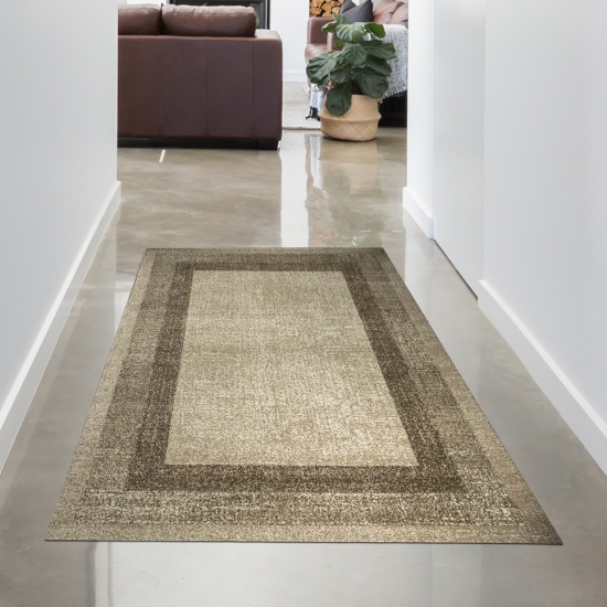 Designer Wohnzimmerteppich vintage kurzflor Modern seitlich gekettelt in beige braun