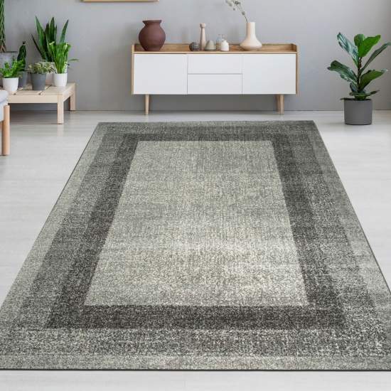 Wohnzimmerteppich Designer Teppich modern kurzflor vintage seitlich gekettelt in grau creme