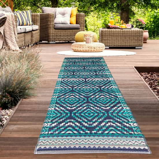 Recyclebarer Outdoor-Teppich für Terrasse und Garten in türkis