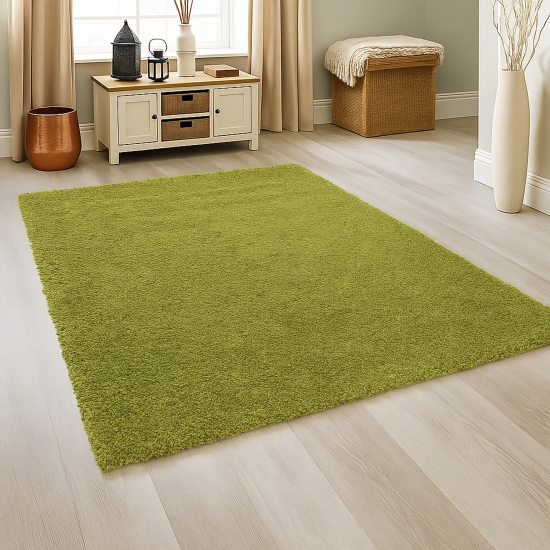 Moderner Hochflor Teppich in Moosgrün – stilvolles Design und angenehme Haptik