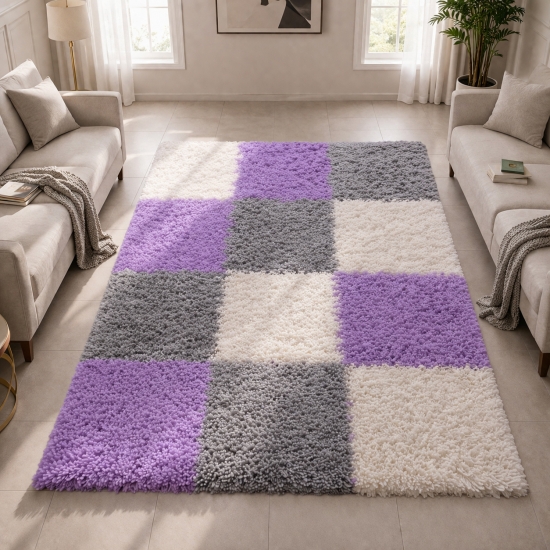 Shaggy Teppich Mehrfarbig Flieder Grau Creme – moderner Hochflor Teppich mit Karomuster