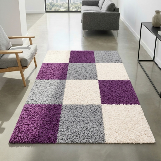 Preview: Shaggy Teppich Hochflor - Karo Design Violett Grau Creme