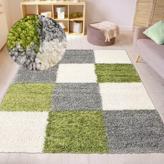 Hochflor Shaggy Teppich Karomuster türkis grau creme