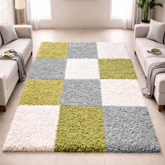 Shaggy Teppich Mehrfarbig Grün Grau Creme – moderner Hochflor Teppich mit Karomuster