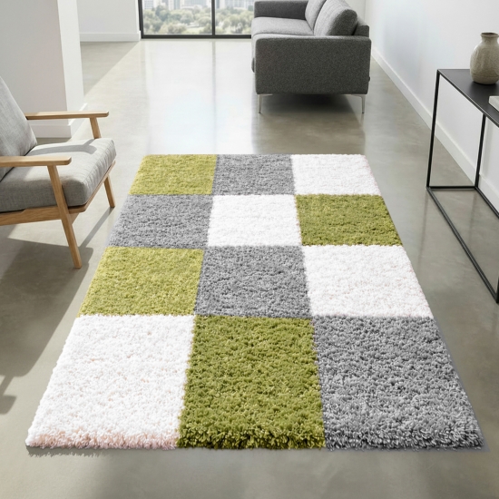 Preview: Shaggy Teppich Mehrfarbig Grün Grau Creme – moderner Hochflor Teppich mit Karomuster