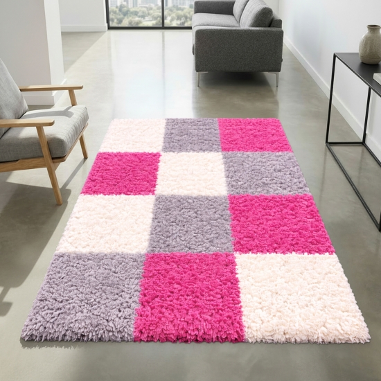 Preview: Shaggy Teppich Mehrfarbig Rosa Grau Creme – moderner Hochflor Teppich mit Karomuster